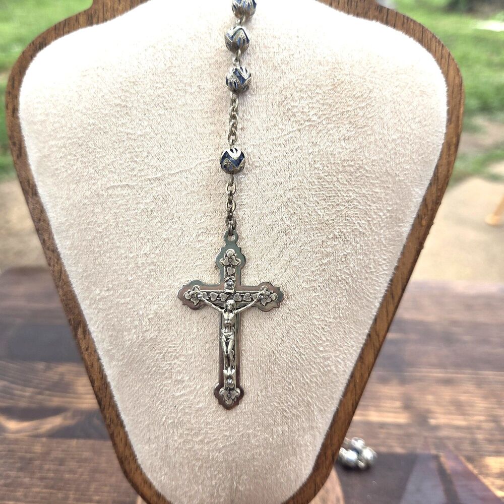 Vintage Silver Tone Rosary Necklace Crucifix IHS Center Religious Catholic